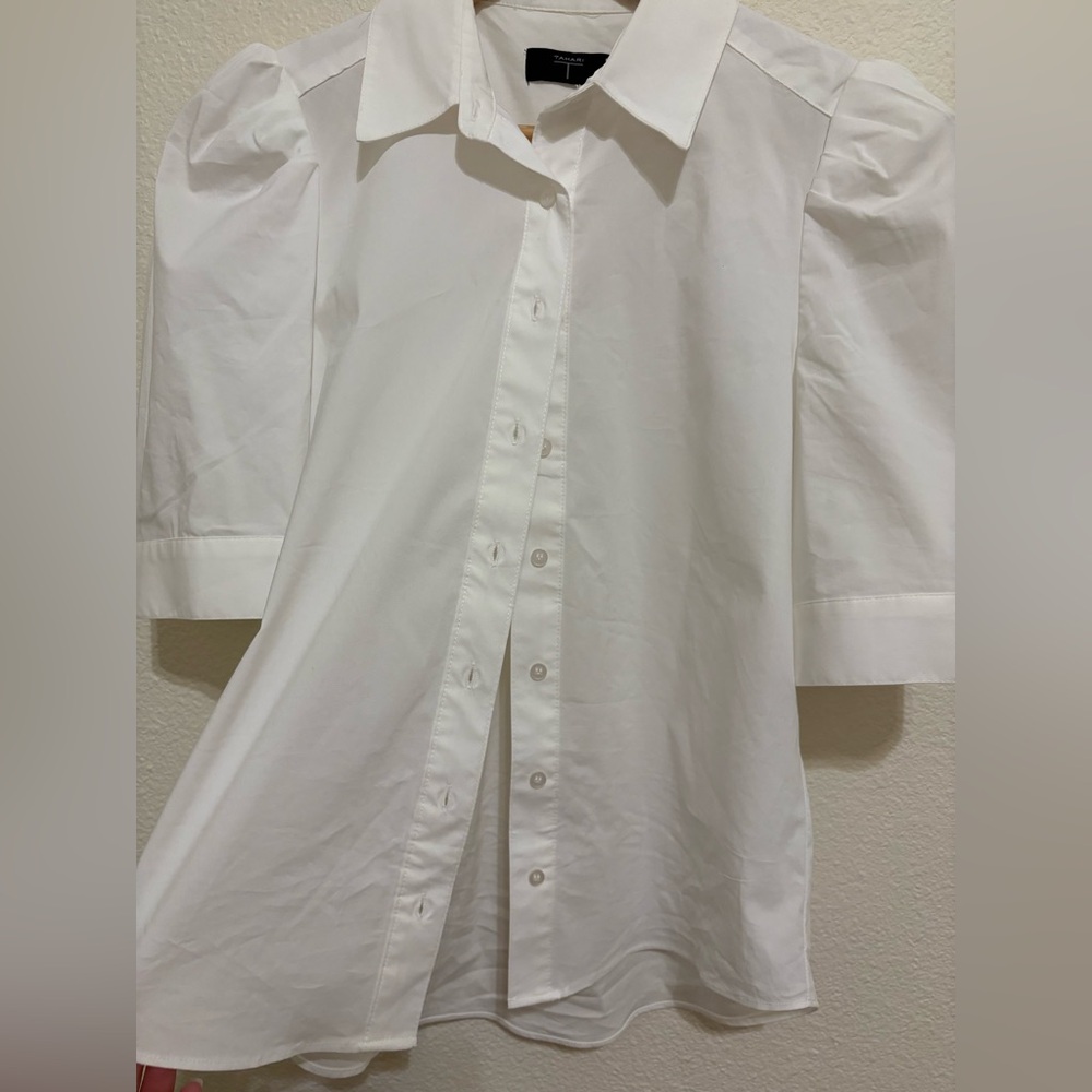 Tahari White Button-Up Puff Sleeve Blouse - Picture 3 of 4